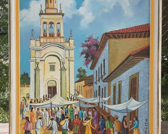 Amazing retro vintage 1970s mcm oil painting folk style South American church village scene Columbia Peru Ecuador framed WATCH VIDEO