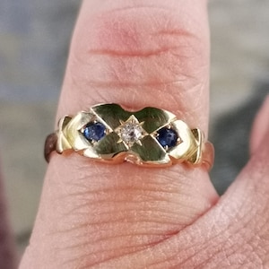 Rare Find Spectacular estate antique 19th century 18k British 1880s Victorian old cut diamond saphire gypsy Trilogy ring WATCH VIDEO
