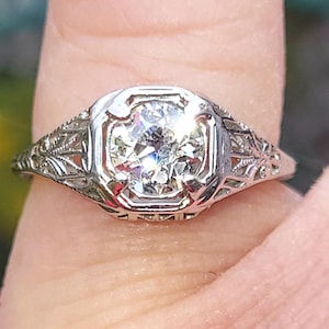 Amazing Estate Art Deco 14k white gold filigree ring antique 1930-40s Edwardian European cut diamond engagement ring Appraisal WATCH VIDEO