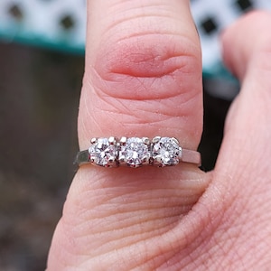 Superb Estate 1950s Art Deco style 18K white gold 3 diamond ladies Trinity Past Present Future spectacular stacker wedding ring WATCH VIDEO