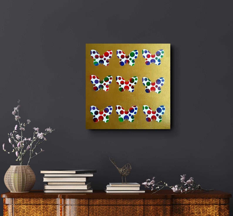 Jim Richards original modern gold butterfly spray paint contemporary Yayoi Kusama style pop art painting dots signed WATCH VIDEO image 1