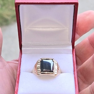Amazing 1940s Edwardian era Art Deco style 10K yellow gold mens ladies rectangle shaped Hematite Gothic Look Spectacular Detail WATCH VIDEO