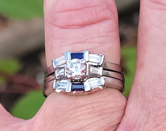Rare Estate Vintage Art Deco style 14k white gold matching 3 ring bridal set ladies diamond sapphire engagement With Appraisal WATCH VIDEO
