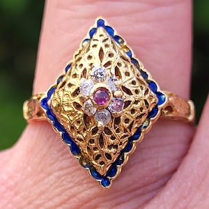 Rare Estate Find Antique 22kt yellow gold Boho style domed exotic ruby and diamond ladies ring with blue enamel Great Look WATCH VIDEO