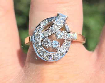 Rare Amazing Estate Find 18k white yellow gold 1950s mid century Art Deco style floral look detailed ladies genuine diamond ring WATCH VIDEO