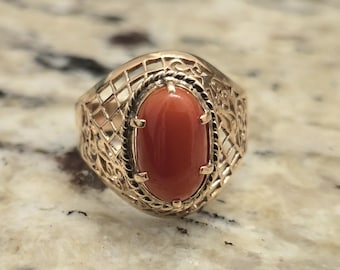 Exclusivo hallazgo de una colección privada: Anillo de sello vintage de los años 80, grande, de oro rosa de 14k, con auténtico coral rojo ovalado, para hombre y mujer, con tasación incluida. VER VIDEO