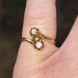 Rare Estate Find Antique old cut diamond and Opal Belcher setting Toi et Moi style ladies 14k yellow gold Edwardian era stunning WATCH VIDEO
