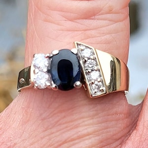 Estate modern 10K yellow white gold Diamond and genuine 1ct oval shaped dark blue Sapphire ladies statement ring Great Look WATCH VIDEO
