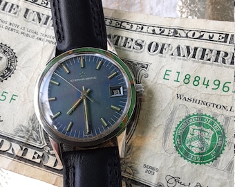 Amazing 1970s mid century minimalist style Eterna Matic solid stainless steel spectacular rare blue dial automatic mens watch With Video