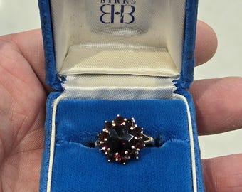 Rare Estate Vintage Birks 1960-70s Art Deco style gothic bohemian look 10k yellow gold ladies ring with fancy deep red garnets WATCH VIDEO