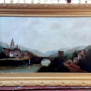 Stunning Rare 19th century classical panoramic castle river landscape oil painting bridge figures large ornate gold frame WATCH VIDEO