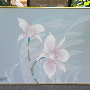 Espectacular pintura al óleo vintage de los años 80 firmada por Lee Reynolds, gran bodegón de flores con textura pesada sobre lienzo con marco original VER VIDEO