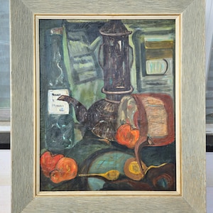 Rare Very Unique 1950s Mid Century MCM still life expressionist style oil painting fruits and bottles on table vintage frame WATCH VIDEO