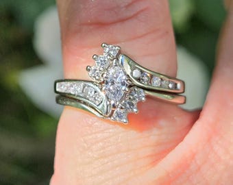 Great Estate Find vintage 1980s Stunning sparkly marquise diamond 14k white gold ladies bridal wrap engagement wedding ring set WATCH VIDEO