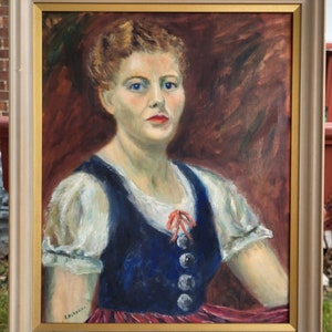 Incroyable peinture à l&#39;huile expressionniste mcm du milieu du siècle sur toile enduite portrait saisissant de dame allemande en bleu vintage encadré VOIR LA VIDÉO