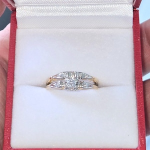 Estate Find 1940s Dainty Art Deco style 14k 18k yellow white gold Orange Blossom wedding Bridal set ladies diamond engagement ring VIDEO