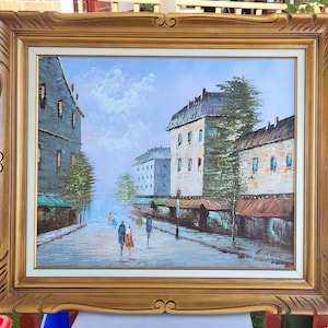 Rare Amazing vintage retro 1970s impressionist style Paris street scene with figures oil painting signed Gold Ornate frame WATCH VIDEO