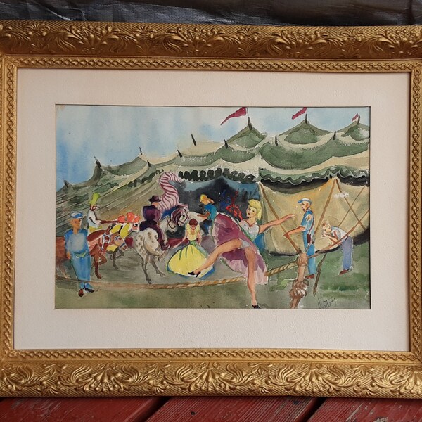 Very Rare find Spectacular 1940s circus carnival dancing girl outsider folk art figures watercolor signed gold ornate framed Watch Video