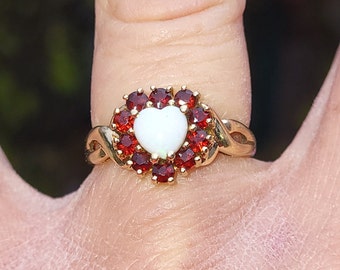 Rare Killer Estate Find vintage 1980s 10k yellow gold Heart shaped opal and garnet halo ring intricate work ladies ring WATCH VIDEO