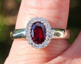 Estate spectacular vintage ladies 10K white gold diamonds halo nice quality deep red oval shaped garnet ring Amazing Looking WATCH VIDEO