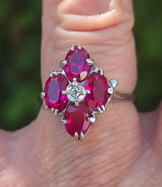 Rare Estate Vintage 1970s Art Deco style detailed 10k white gold lab created red ruby and diamond ladies ring Very Nice WATCH VIDEO