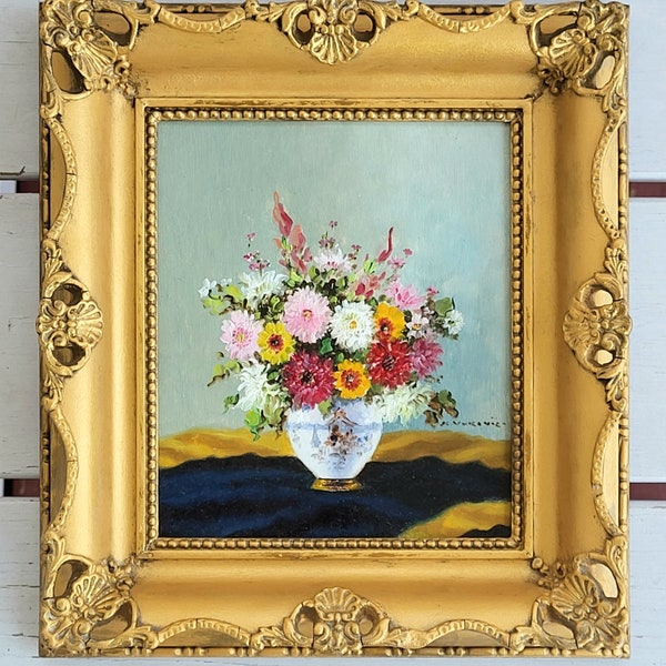 Spectacular Estate Mid Century 1940s 1950s MCM Still Life miniature oil painting by Well listed Czech artist highly ornate frame WATCH VIDEO