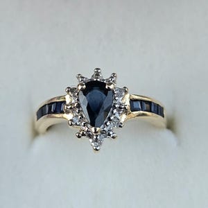 Amazing Estate Vintage 1980-1990s pear shaped dark blue sapphire 10k yellow gold ladies coctail diamond halo statement ring WATCH VIDEO