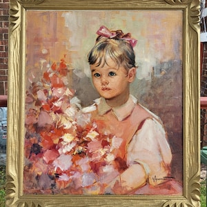 Estate 1960s Mcm Mid Century Italian oil painting Giordano Giovanetti(1906-1973) young girl with flowers portrait ornate frame WATCH VIDEO