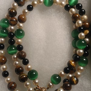 Cat&#39;s Eye, Tiger&#39;s Eye, Onyx, and Czech Glass Pearl Necklace and Bracelet Set