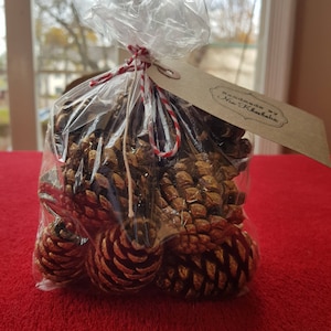 May include: A clear plastic bag filled with gold pine cones. The bag is tied with a red and white striped ribbon and a brown tag that reads "Handmade by Kim Khambalia".