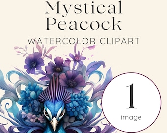 Peacock Clipart, Watercolor Peacock Clipart, Peacock PNG, Mystical Peacock Clipart, Watercolor Peacock, Commercial Clipart, Animal PNG