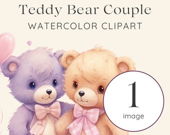 Teddy Bear Couple Clipart, Watercolor Teddy Bear Clipart, Teddy Bear PNG, Watercolor Teddy Bear Couple, Commercial Clipart, Love PNG