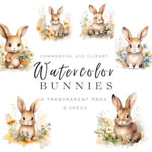 Watercolor Bunny PNG, Easter Bunny PNG, Commercial Use, Spring Bunnies, Bunnies and Flowers, Spring Clipart, Cute Watercolor Bunny