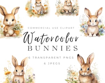 Conejo de acuarela PNG, Conejo de Pascua PNG, Uso comercial, Conejitos de primavera, Conejitos y flores, Imágenes prediseñadas de primavera, Lindo conejo de acuarela