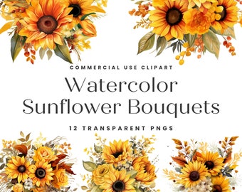 Sunflower Bouquets clipart, Watercolor Sunflower Clipart, Invitation Clipart, Floral Clipart, Clipart for Commercial Use, Sunflower PNG