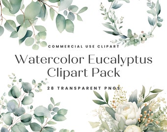 May include: A set of 28 watercolor eucalyptus clipart images. The images feature various eucalyptus branches, leaves, and wreaths in shades of green. The text "Watercolor Eucalyptus Clipart Pack" and "28 Transparent PNGs" is included in the image.