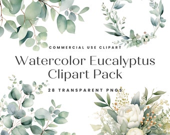 Eucalyptus Clipart, Watercolor Eucalyptus Clipart Bundle, Invitation Clipart, Greenery Clipart, Eucalyptus Border Wreath Clipart, Greenery