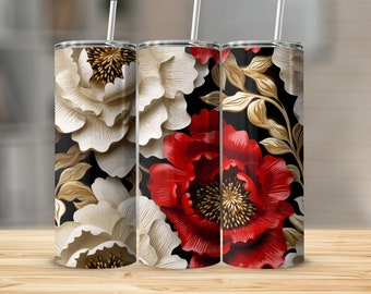 Large Red and Ivory Peony Floral Pattern 20oz Tumbler Wrap, Straight Tumbler Wrap, Tapered Tumbler Wrap, Commercial Use, PNG Tumbler Wrap