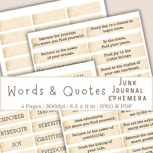 Junk Journal Words, Junk Journal Printables, Ephemera, Quotes for Junk Journals, Scrapbooking Printables, Junk Journal Ephemera