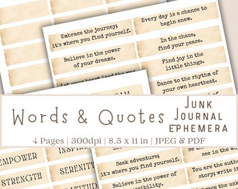 Junk Journal Words, Junk Journal Printables, Ephemera, Quotes for Junk Journals, Scrapbooking Printables, Junk Journal Ephemera