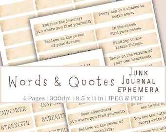 Junk Journal Wörter, Junk Journal Printables, Ephemera, Zitate für Junk Journals, Scrapbooking Printables, Junk Journal Ephemera