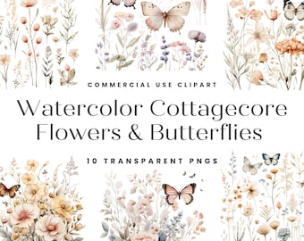 Cottagecore Floral Clipart, Cottagecore Flower PNG, Flowers and Butterflies Clipart, Wildflower PNG, Floral Design for T-Shirts