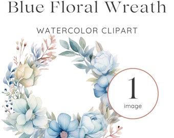 May include: Watercolor illustration of a blue floral wreath with white and light blue flowers, green leaves, and brown branches. The wreath is in a circle shape and has a white background. The text "1 image" is in the lower right corner of the image.