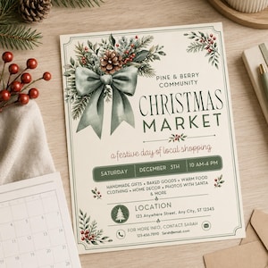 May include: A cream-colored flyer for a Pine & Berry Community Christmas Market on December 5th. It features a watercolor illustration of a pine branch, pinecone, and green bow. Text includes event details, location, and contact information.