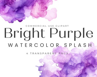 Op de afbeelding: Heldere paarse aquarel splatter grafische ontwerpelementen. Clipart voor commercieel gebruik. 4 transparante PNG's.
