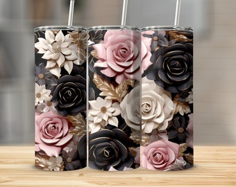 Pink Black and White Roses Accented in Gold 20oz Tumbler Wrap, Straight Tumbler Wrap, Tapered Tumbler Wrap, Commercial Use, PNG Tumbler Wrap