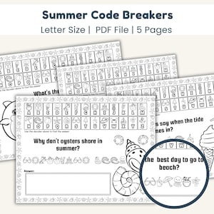 May include: A set of five black and white printable activity sheets titled Summer Code Breakers. Each page features a letter-to-icon decoder key, summer-themed illustrations like seashells and ice cream, and riddles to solve using the code.