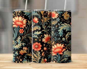 Vintage Orange and Black Floral 20oz Tumbler Wrap, Straight Tumbler Wrap, Tapered Tumbler Wrap, Commercial Use, PNG Tumbler Wrap