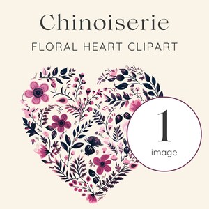 Chinoiserie Floral Clipart, Chinoiserie Heart, Commercial Use, Chinoiserie Floral, Valentine&#39;s Day Clipart, Invitation Clipart, Heart PNG