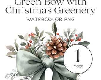 Coquette Christmas Bow PNG, Christmas Bow with Greenery PNG, Winter Clipart, Classic Christmas Bow PNG, Clipart for Commercial Use